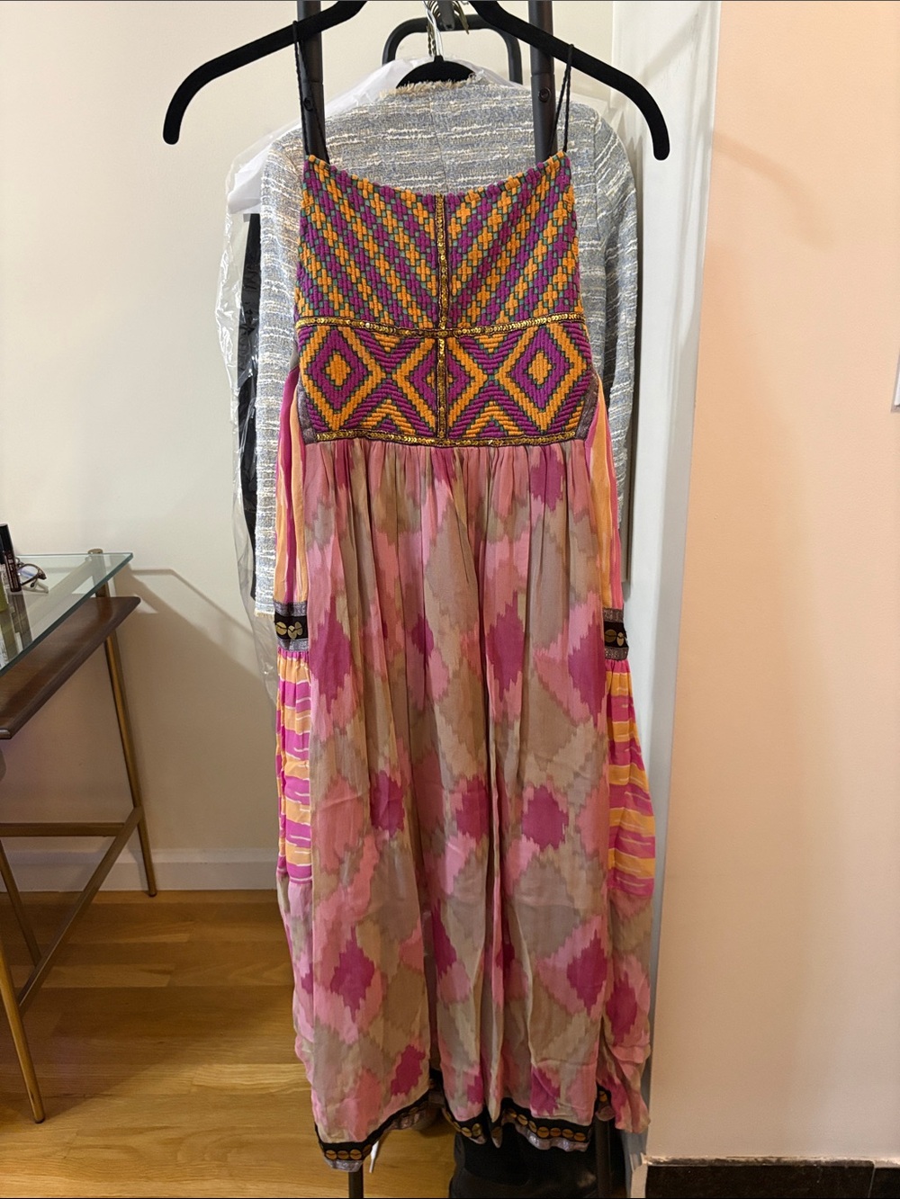 Free People Midi Dress with Pink & Gold Embroidered Bodice